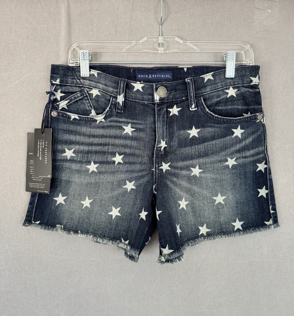 Rock & Republic Kimber Mid Rise Star Print Denim Shorts Womens 8 NWT